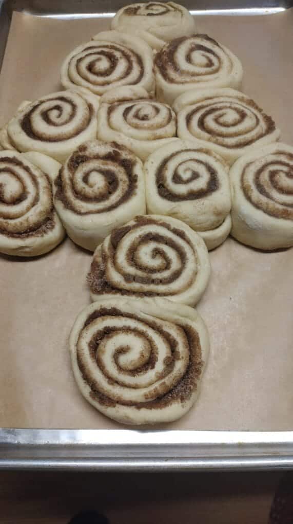 cinnamon rolls formed into a xmas tree