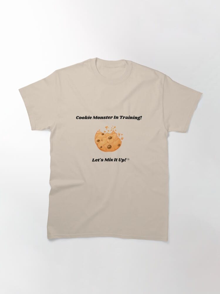 cookie monster in training tee with image of chocolate chip cookie