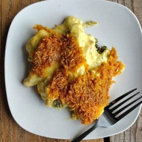 serving chicken broccoli casserole on white plate with fork on wooden table