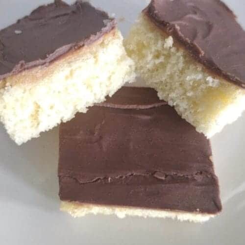 3 tandy cake squares on white plate