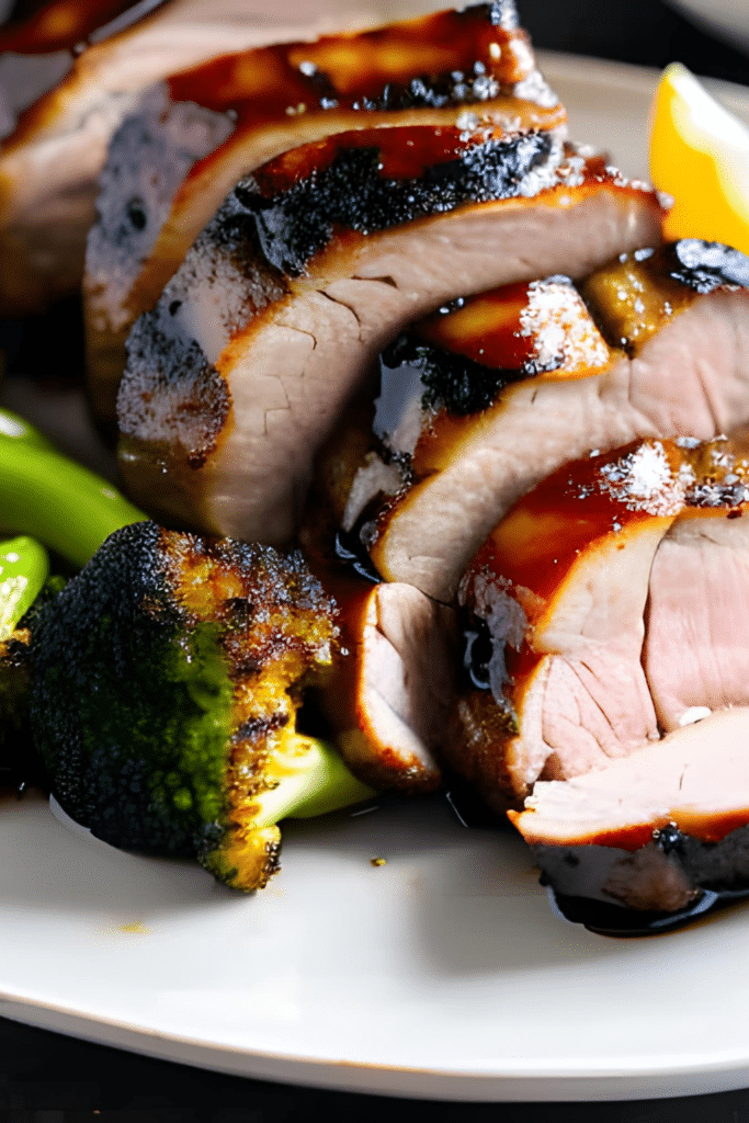 grilled teriyaki pork tenderloin with a side of grilled broccoli on a white plate