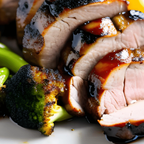 grilled teriyaki pork tenderloin with a side of grilled broccoli on a white plate