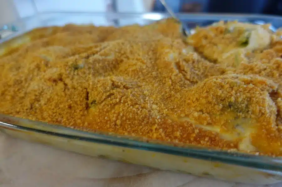 chicken broccoli casserole baked in clear dish