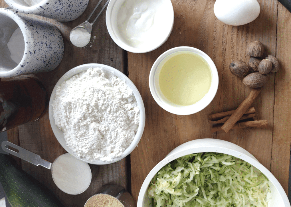 zucchini bread ingredients in bowls