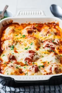 meatball sub casserole in white staub baking dis