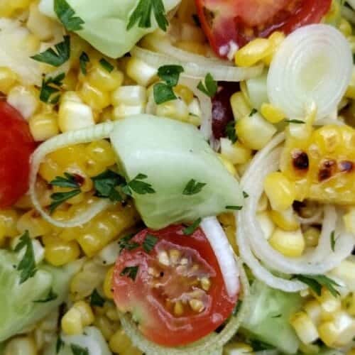 grilled corn salad with leeks, cucumbers, cherry tomatoes