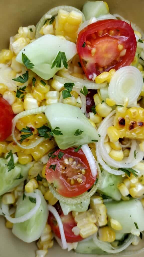 grilled corn salad with leeks, cucumbers, cherry tomatoes