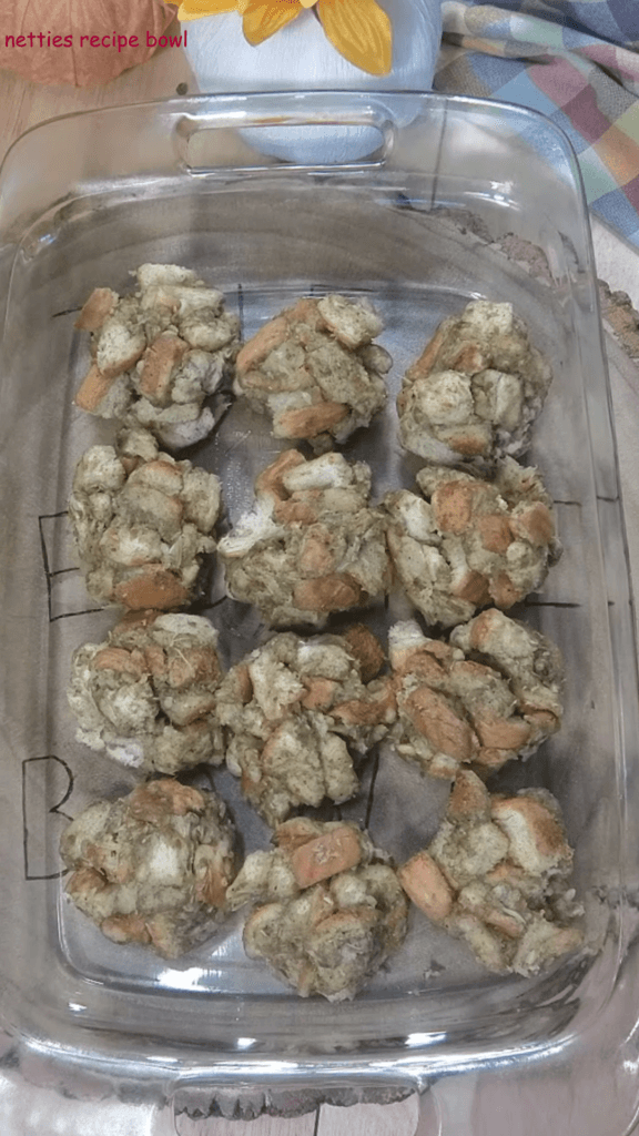 stuffing balls in clear baking dish