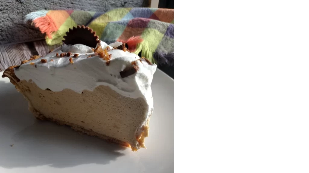 slice of no bake peanut butter pie with reese cups on top