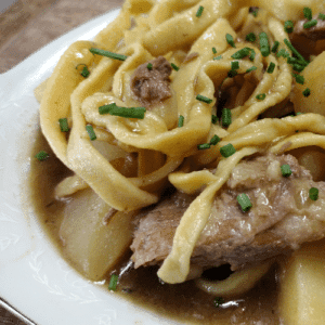 beef and noodles in white bowl