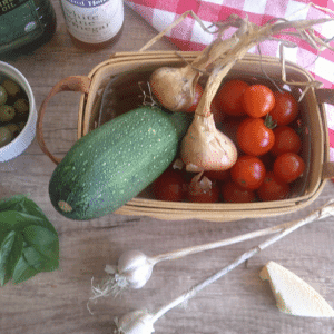 Ingredients for pasta with zucchini and cherry tomatoes  