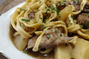 homemade noodles with beef and potatoes