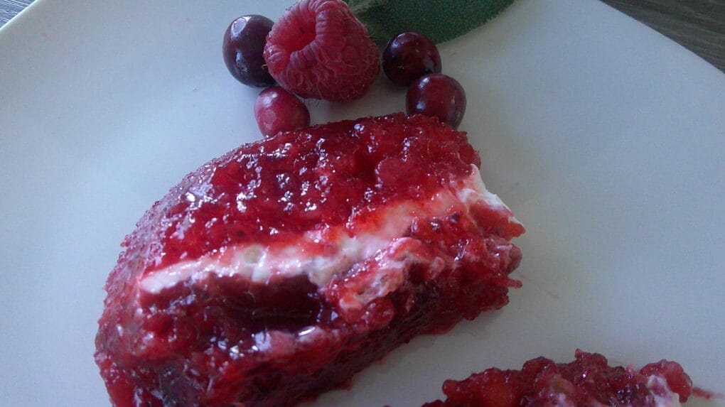 cranberry raspberry ring mold slice on a plate