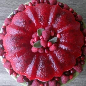 Cranberry Raspberry jello ring with raspberries and cranberries surrounding