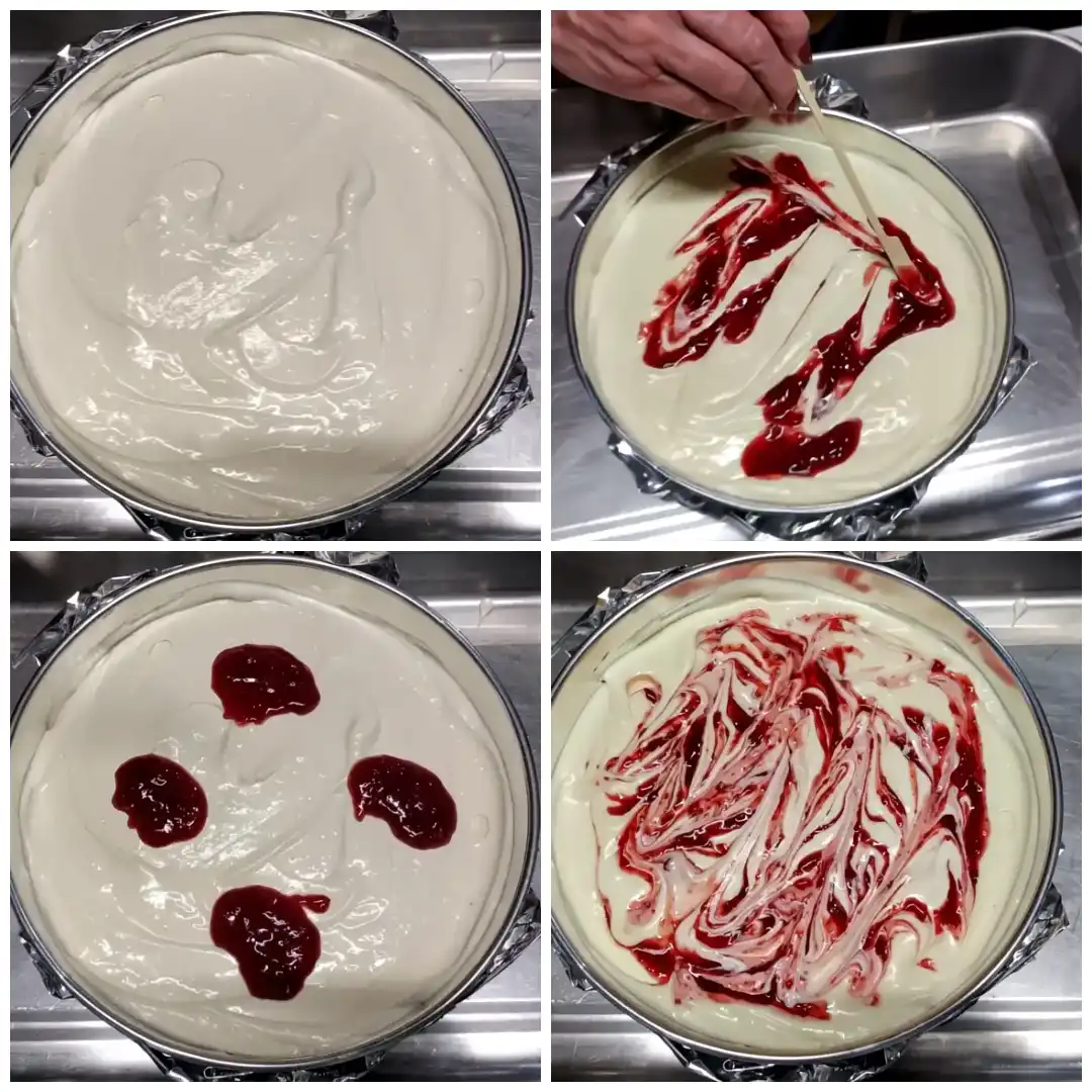 cheese cake steps in collage swirling cherry