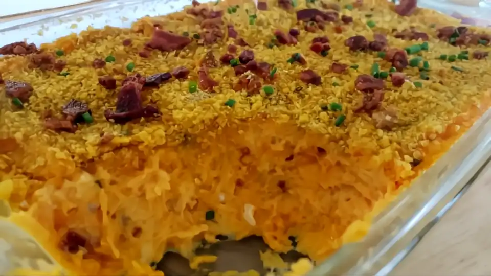 savory sweet potato bake in a clear dish