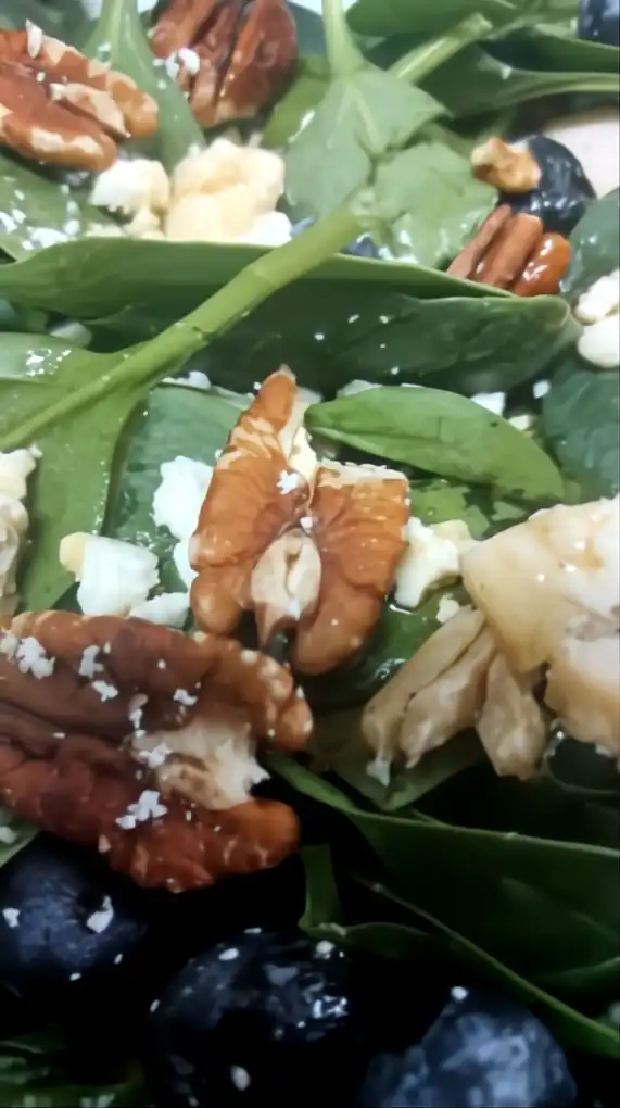 up close photo of spinach blueberry with chicken salad recipe