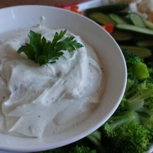 veggie dip on a tray with vegetables