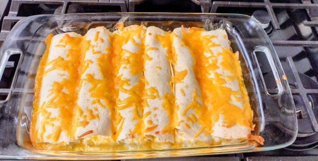 Chicken Enchiladas in a clear baking dish with melted cheese on top