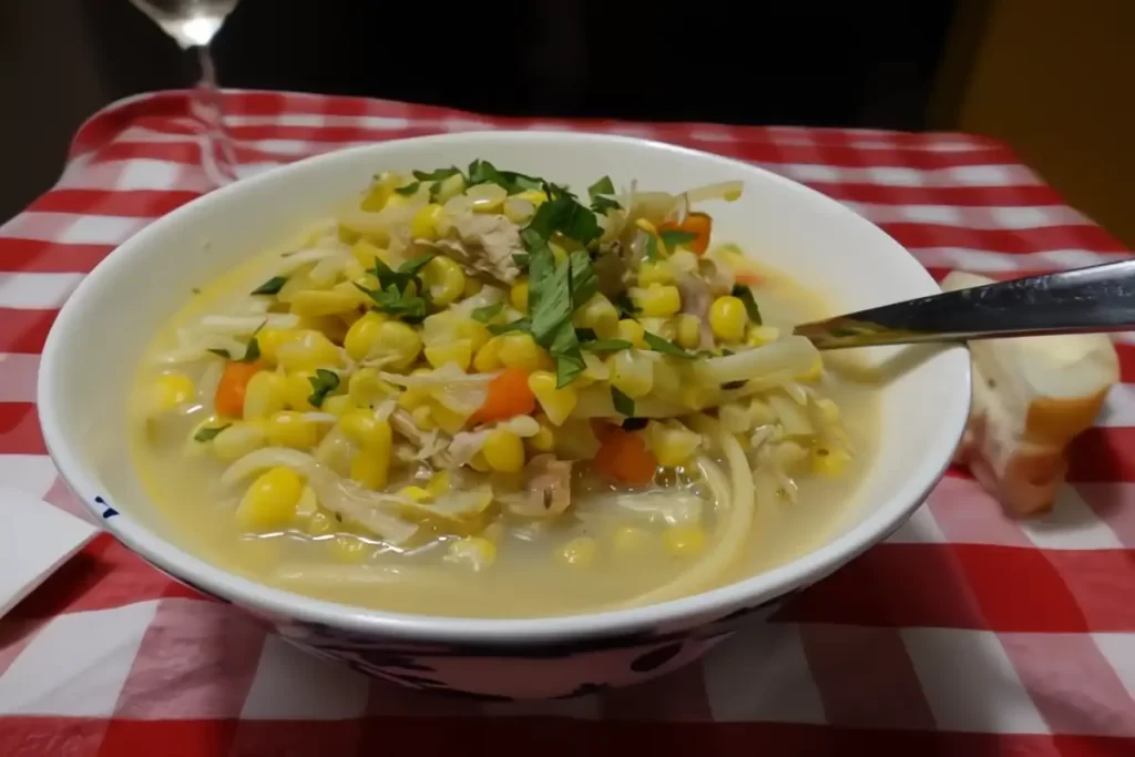 chicken-corn-soup-in-bowl-with-red-and-white-checked-table-cloth