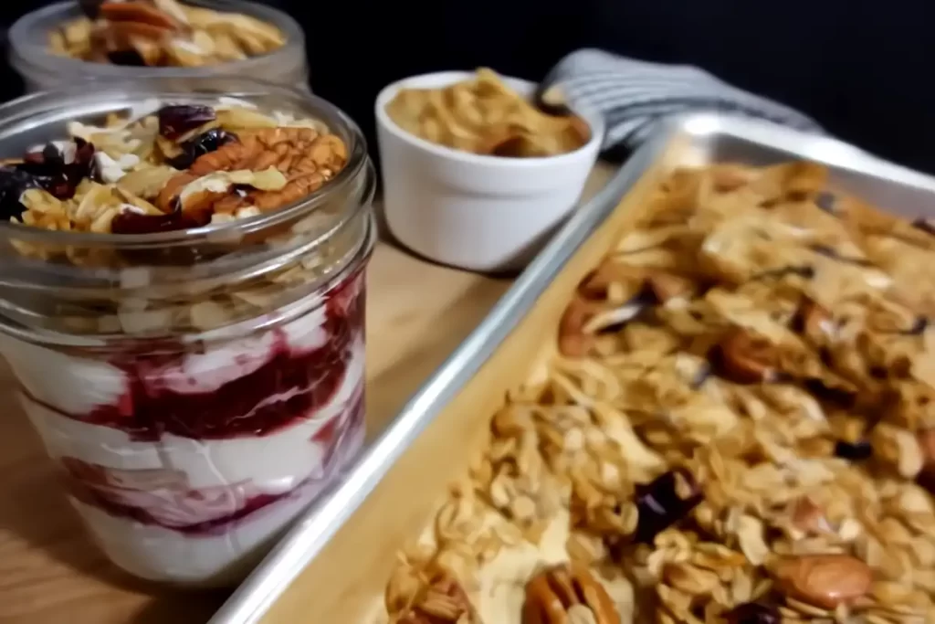 yogurt-parfait-granola-in-white-bowl-and-on-sheet-pan.