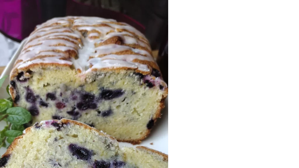 blueberry pound cake on a white tray