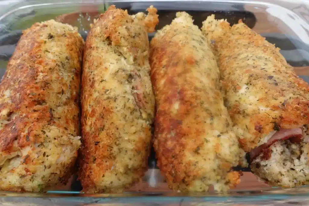 4 chicken cordon bleu in baking dish