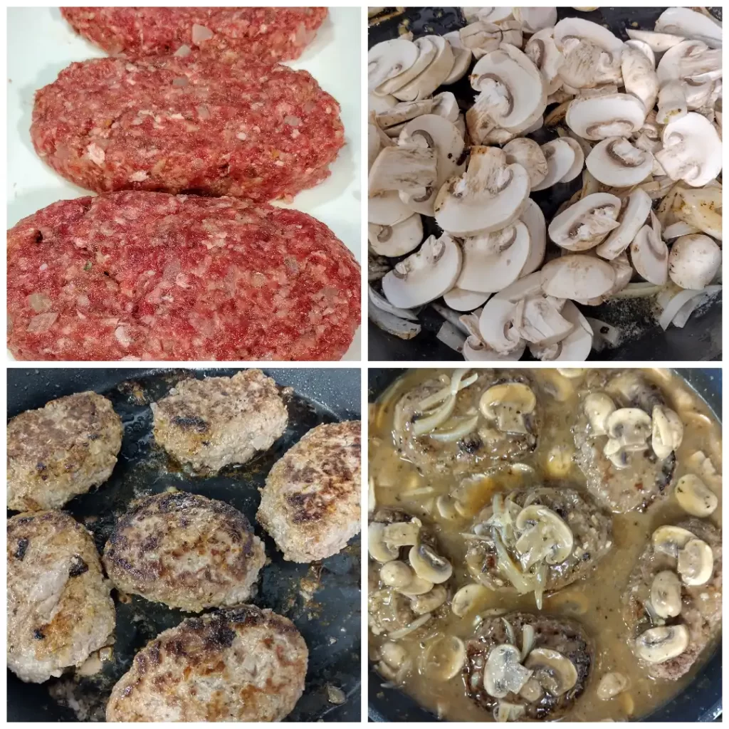 salisbury steak collage : patties, mushrooms, cooked hamburger,