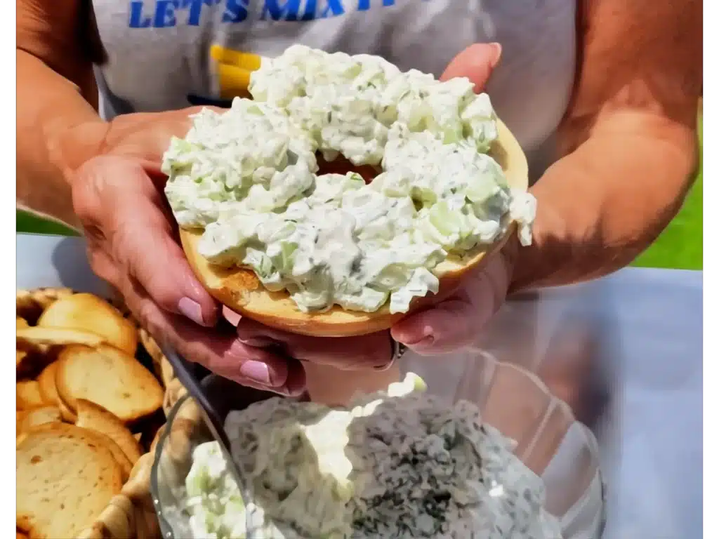 cucumber-onion-dip-on-toasted-bagel