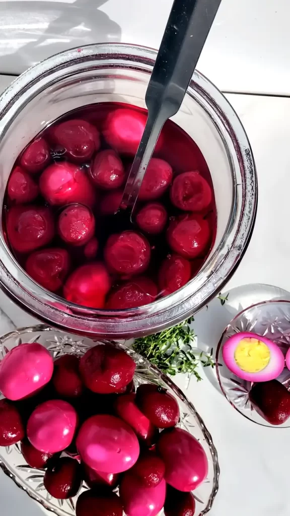 pickled eggs in gallon jar top view