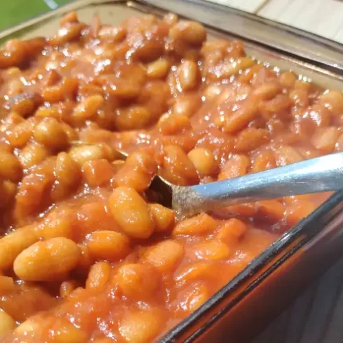 baked beans recipe in clear baking dish