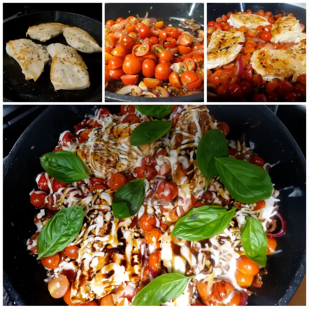 collage of chicken caprese step by step in cast iron skillet