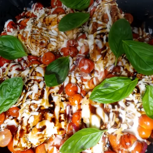 chicken caprese recipe in cast iron skillet