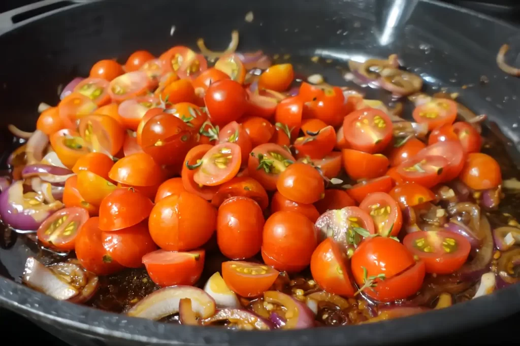 chicken caprese recipe tomatoes cooking in cast iron skillet