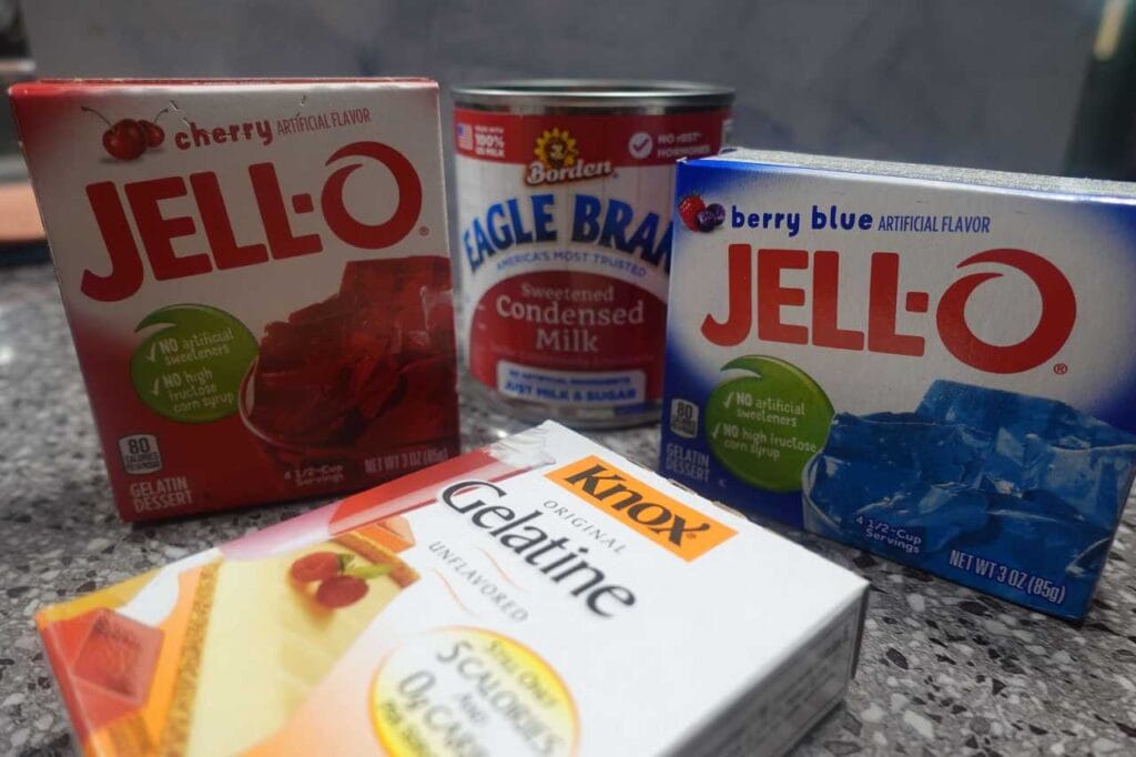 jello, knox gelatin, and condensed milk . ingredients for layered jello cup recipe