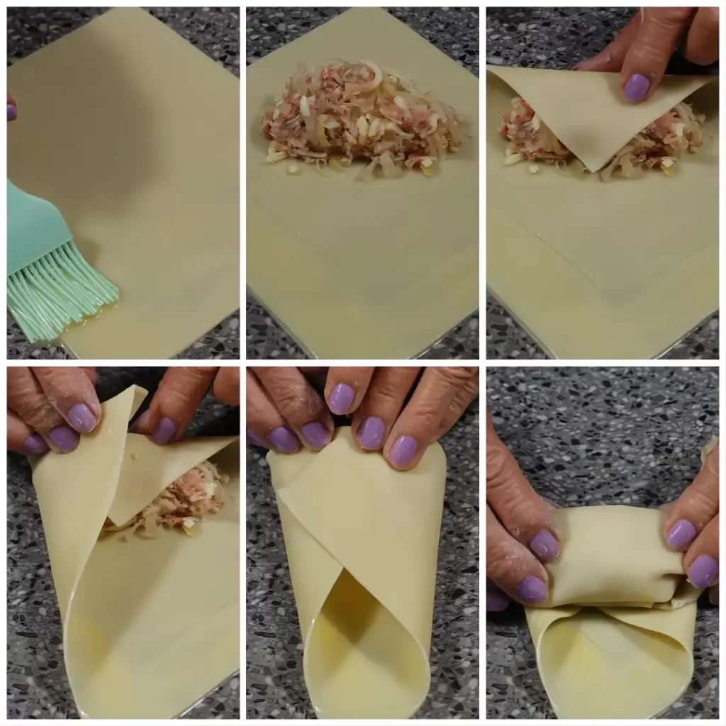 collage showing step by step instructions on how to roll reuben rolls using egg rolls