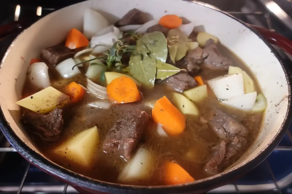 beef stew in dutch oven ready to roast