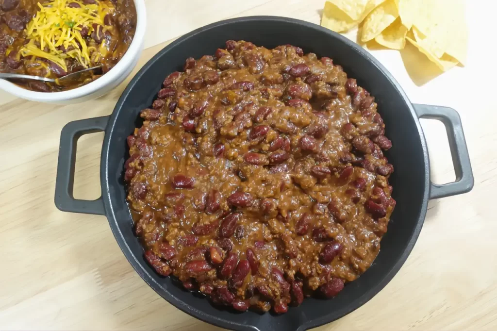 homemade chili recipe in cast iron skillet