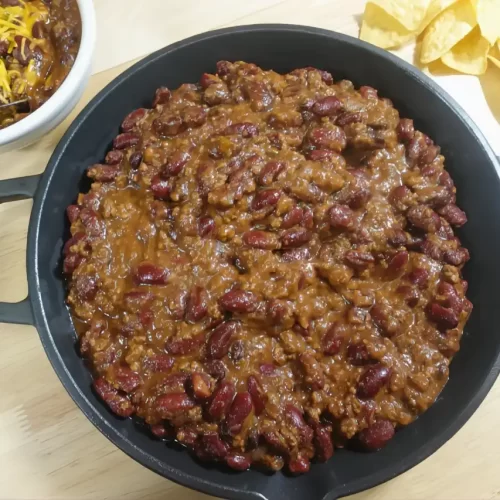 homemade chili recipe in cast iron skillet