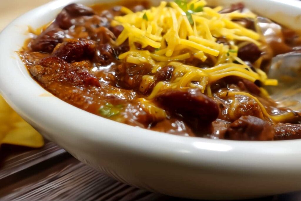 homemade chili recipe with shredded cheese on top