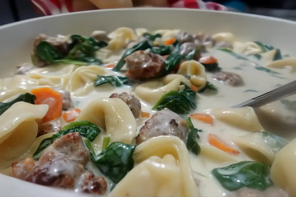 creamy tortellini soup in white serving bowl w/spoon