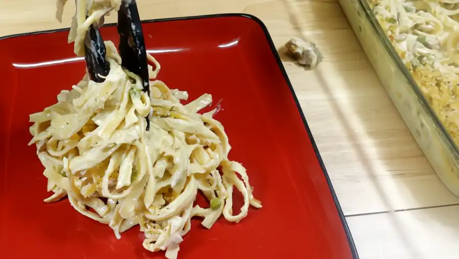 turkey-noodle-casserole-being-served-on-red-plate