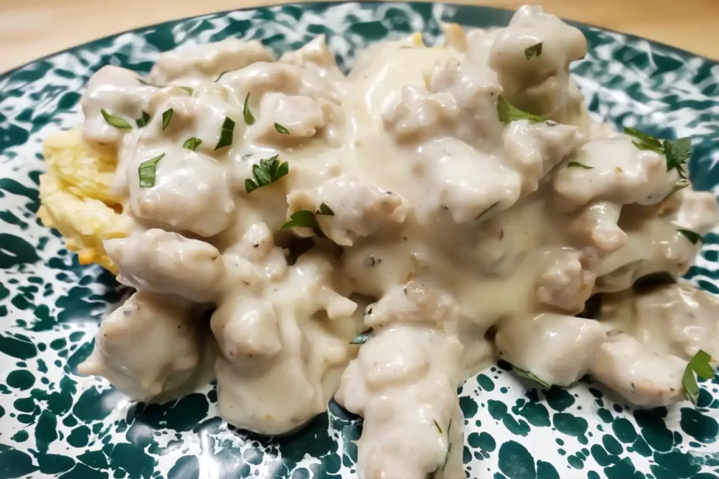 sausage-gravy-and-bisquits-on-a-green-plate-with-parsley-sprinkled.