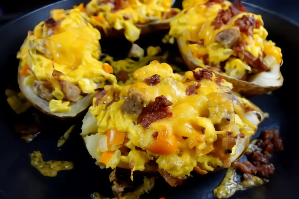 top-view-of-stuffed-breakfast-baked-potatoes-in-iron-skillet.