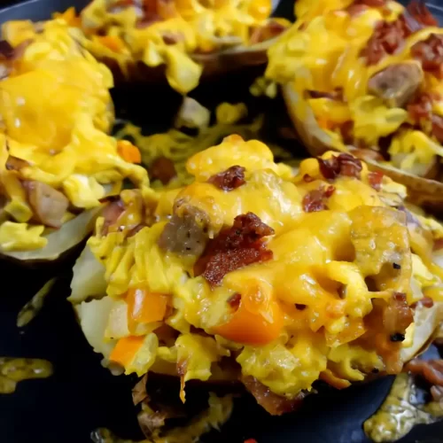 top-view-of-stuffed-breakfast-baked-potatoes-in-iron-skillet.