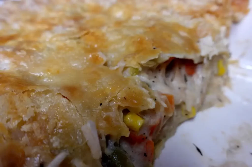close up chicken pot pie showing filling