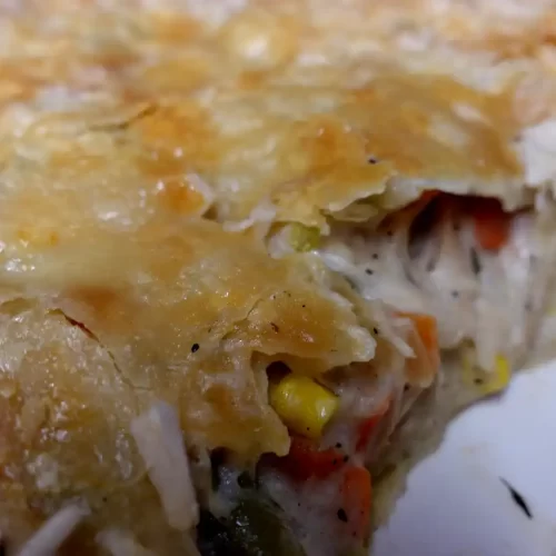 close up chicken pot pie showing filling