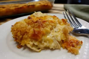 buffalo-chicken-rice-casserole-on-serving-plate