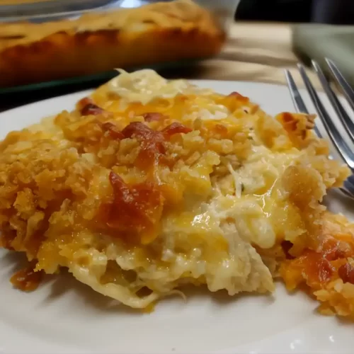 buffalo-chicken-rice-casserole-on-serving-plate
