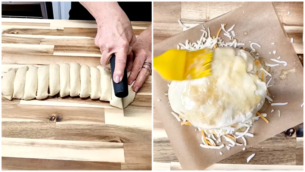 photo-collage-steps-cutting-dough-and-spreading-garlic-butter-cheesy-pullapart-bread.